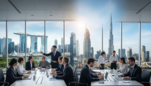 A photorealistic depiction of contrasting business environments representing Singapore and Dubai as free zones. In the foreground, a modern office space featuring professionals in business attire, focused on discussions and presentations. In the middle ground, showcase iconic landmarks from both cities: Singapore's Marina Bay Sands and Dubai's Burj Khalifa, seamlessly blending into the skyline. The background should have a clear blue sky, symbolizing a productive atmosphere. Use natural lighting to highlight the reflections on glass buildings, enhancing the sense of innovation. The composition should capture a sense of competition and collaboration between the two hubs, creating an engaging, dynamic scene that encapsulates the essence of international business.