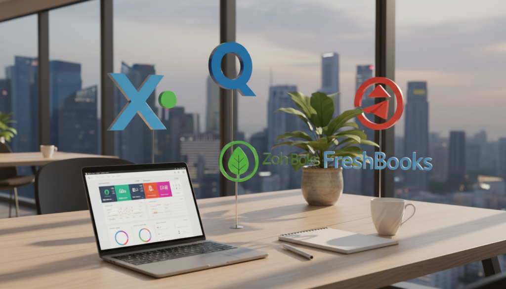 A photorealistic depiction of four different cloud accounting platform logos—Xero, QuickBooks, Zoho Books, FreshBooks, and Sage—arranged artistically on a contemporary office desk. In the foreground, a sleek laptop displays an open accounting software dashboard, accompanied by a stylish notepad and a pen. In the middle ground, a potted plant adds a touch of greenery, while a coffee cup sits beside the laptop. The background features a softly lit, modern office environment with large windows showing a city skyline of Singapore. The overall mood is one of professionalism and innovation, with natural light illuminating the scene to create a warm and inviting atmosphere. The image should be free of any text or branding elements.