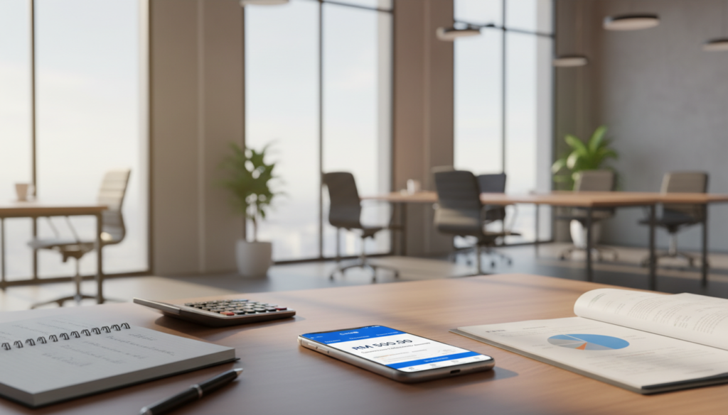 A photorealistic illustration depicting a professional business scene featuring a CIMB SME Account visual representation. In the foreground, a sleek, modern smartphone displaying the CIMB banking app interface, showcasing key features for small and medium enterprises. The middle ground includes a tidy office desk with a financial report, a notebook, and a calculator, signifying organized business management. The background features a softly blurred office environment with natural light streaming through large windows, creating a warm and inviting atmosphere. The scene is devoid of people, allowing the focus to remain on the tools and elements of banking for low-balance businesses. The overall mood is professional, encouraging and trustworthy, ideal for conveying financial wisdom and practicality.