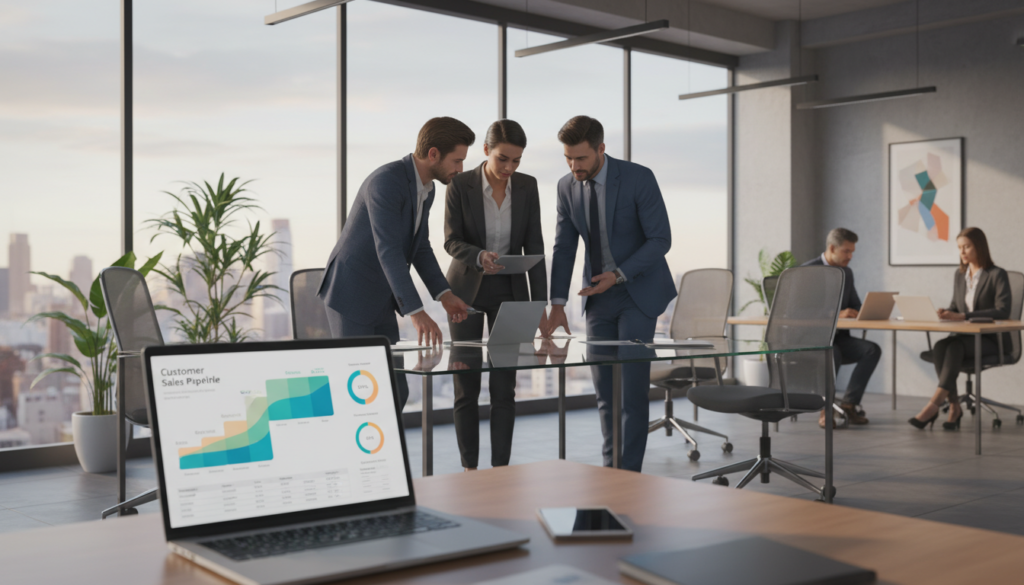 A photorealistic illustration of a CRM sales pipeline in a modern business environment. In the foreground, showcase a sleek digital dashboard on a laptop, displaying various stages of the sales process with colorful graphs and charts. In the middle, include a diverse group of four professionals in business attire, engaged in discussion while analyzing the data on their screens. The background should feature a contemporary office space with large windows allowing natural light to pour in, creating an organized and motivational atmosphere. Soft shadows and warm lighting enhance the professionalism of the scene, inviting a sense of collaboration and strategic planning. The overall mood is dynamic and focused, reflecting the importance of effective customer relationship management tools. A photorealistic illustration of a CRM sales pipeline in a modern business environment. In the foreground, showcase a sleek digital dashboard on a laptop, displaying various stages of the sales process with colorful graphs and charts. In the middle, include a diverse group of four professionals in business attire, engaged in discussion while analyzing the data on their screens. The background should feature a contemporary office space with large windows allowing natural light to pour in, creating an organized and motivational atmosphere. Soft shadows and warm lighting enhance the professionalism of the scene, inviting a sense of collaboration and strategic planning. The overall mood is dynamic and focused, reflecting the importance of effective customer relationship management tools.