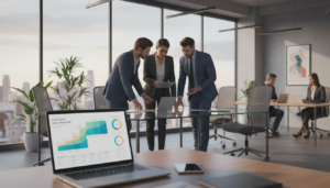 A photorealistic illustration of a CRM sales pipeline in a modern business environment. In the foreground, showcase a sleek digital dashboard on a laptop, displaying various stages of the sales process with colorful graphs and charts. In the middle, include a diverse group of four professionals in business attire, engaged in discussion while analyzing the data on their screens. The background should feature a contemporary office space with large windows allowing natural light to pour in, creating an organized and motivational atmosphere. Soft shadows and warm lighting enhance the professionalism of the scene, inviting a sense of collaboration and strategic planning. The overall mood is dynamic and focused, reflecting the importance of effective customer relationship management tools.