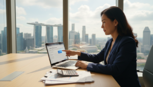 A photorealistic image depicting a business professional, a middle-aged Asian woman in a tailored suit, sitting at a modern office desk with a laptop open. In the foreground, she is reviewing and clicking the 'Submit' button on a digital GST return form displayed on the screen. In the middle, there are neatly organized paperwork, a calculator, and a cup of coffee indicating a busy work environment. The background features a cityscape view through large office windows, symbolizing Singapore’s vibrant skyline. Soft, natural lighting floods the scene, creating a focused and professional atmosphere, highlighting the seriousness of the GST filing process. The composition captures an engaging moment of focus and diligence without any text, overlays, or distractions.