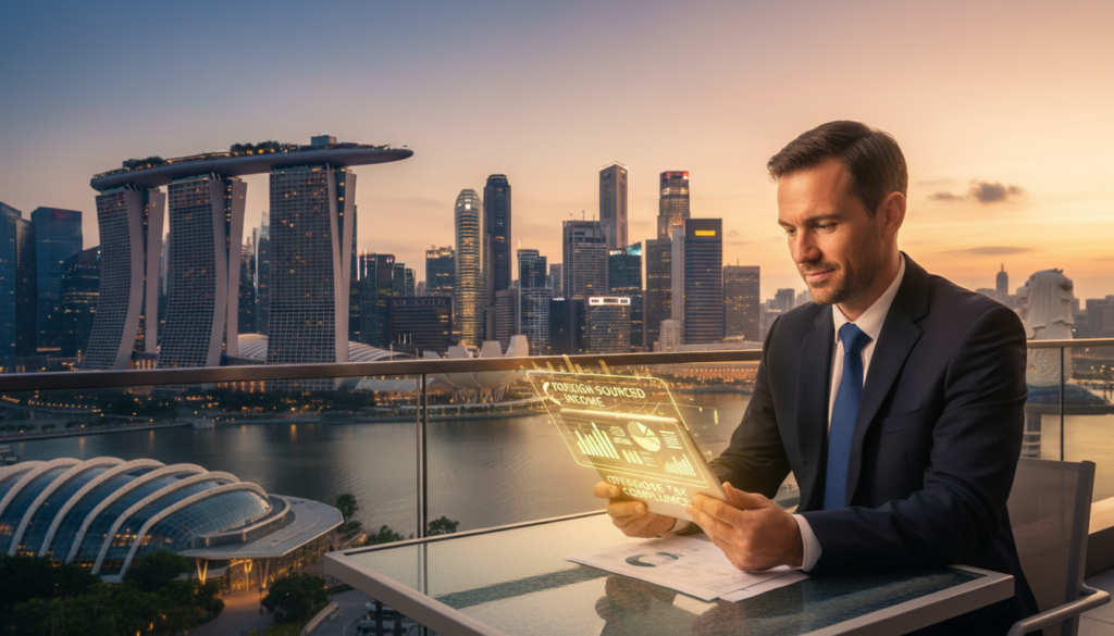 A photorealistic image depicting a bustling Singapore skyline at twilight, focusing on iconic structures like Marina Bay Sands and the Merlion in the background. In the foreground, a professional businessperson, dressed in smart business attire, is analyzing documents on a tablet with graphs and charts illustrating specified foreign-sourced income. The atmosphere is one of focused professionalism, with warm golden lighting casting a glow over the scene. The person appears contemplative yet motivated, representing a successful navigation of offshore income tax rules. The middle ground subtly hints at a financial district with skyscrapers, enhancing the theme of finance and international business. The composition should suggest a sense of opportunity and clarity amidst the complexities of tax regulations.