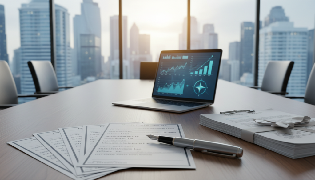 A photorealistic image depicting a collection of private limited company shares prominently in the foreground, arranged neatly alongside official documents and an elegant fountain pen, emphasizing professionalism. In the middle ground, a modern office setting with a sleek wooden table and a laptop displaying financial graphs, symbolizing growth and business strategy. The background features large windows showcasing a city skyline, with soft natural light pouring in, creating a bright and optimistic ambiance. The mood is focused and inspiring, encapsulating the essence of corporate success. Ensure no human subjects are present to maintain clarity and relevance.