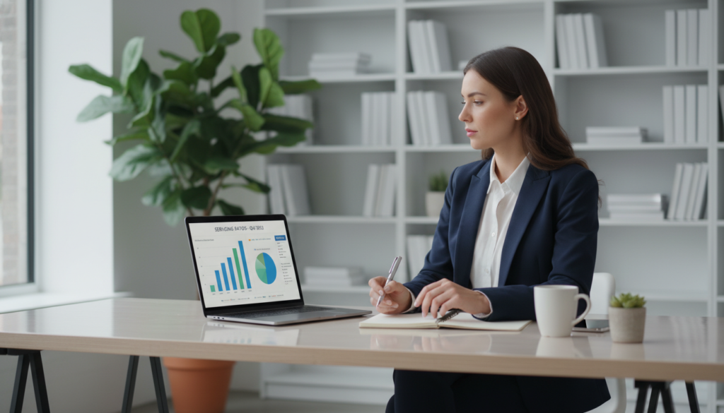 A photorealistic image depicting a financial advisor sitting at a sleek, modern desk, analyzing a detailed servicing ratio chart on a laptop screen. The foreground features the advisor, a professional individual in business attire, focused and engaged, with a pen in hand, making notes on a notepad. In the middle, there is a clear view of the laptop screen displaying colorful graphs and data on servicing ratios, symbolizing financial stability. The background includes a softly blurred office environment with shelves of financial books and a potted plant for a touch of warmth. The lighting is bright and natural, filtering through large windows, giving the scene an optimistic and professional atmosphere, evoking trust and competence in the financial advisory process.