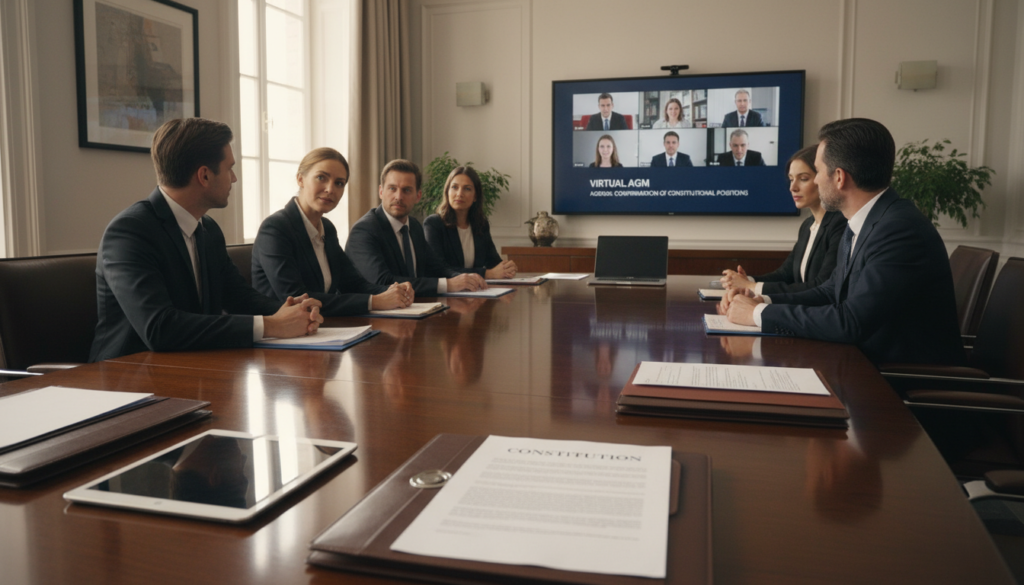 A photorealistic image depicting a formal boardroom setting, with a polished wooden conference table at the center. In the foreground, elegantly arranged documents, including a constitution document, are neatly placed alongside digital devices such as a tablet and a laptop. The background features a large screen displaying a digital meeting interface for a virtual AGM. Soft, natural lighting illuminates the room, emphasizing the professionalism of the environment. Several individuals, dressed in smart business attire, are seated in the middle, engaged in focused discussion, reflecting the importance of confirming constitution positions. The overall atmosphere conveys clarity, professionalism, and collaboration, with a hint of modern technology.