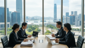 A photorealistic image depicting a modern banking and finance scene that symbolizes the dynamic markets of Singapore and Hong Kong. In the foreground, a group of three business professionals—two men and one woman—dressed in sharp business attire, are engaged in a discussion around a sleek conference table filled with financial documents and digital devices. The middle ground features large floor-to-ceiling windows showcasing the iconic skylines of Singapore and Hong Kong, with skyscrapers and waterfront views. The background subtly incorporates city elements like bustling streets and green spaces. The lighting is bright and professionally lit, creating a productive atmosphere. A slight lens blur emphasizes the professionals while keeping the stunning cityscapes in view, conveying a sense of opportunity and growth in the financial sectors of both locations.