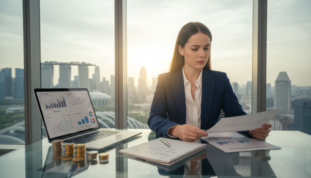 A photorealistic image depicting a modern business environment focused on banking. In the foreground, a sleek, glass desktop is adorned with a laptop showing graphs and data, symbolizing financial balance. To the left, there are neatly arranged stacks of coins and a notepad with notes about minimum balance requirements. In the middle ground, a well-dressed individual in a professional business suit reviews documents related to bank accounts, exuding a sense of determination and focus. In the background, large windows reveal a city skyline bathed in soft, natural light, indicating a productive morning atmosphere. The mood is serious yet optimistic, capturing the essence of business banking in Singapore without any text or distractions.