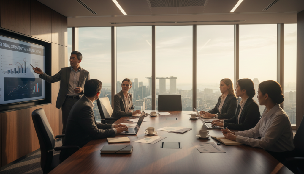 A photorealistic image depicting a modern corporate boardroom setting, showcasing a diverse group of professionals engaged in strategic discussions about control and management. In the foreground, a middle-aged Asian man in a tailored suit points at a large screen displaying financial data and charts, while a young Caucasian woman beside him takes notes on a laptop, dressed in professional business attire. The middle ground features a large polished wooden conference table with papers and documents spread out. In the background, expansive windows reveal a panoramic view of Singapore’s skyline, bathed in soft morning light that casts warm tones across the scene, creating an atmosphere of focus and collaboration. The angle captures the depth of the room, emphasizing the theme of corporate governance and strategic decision-making.