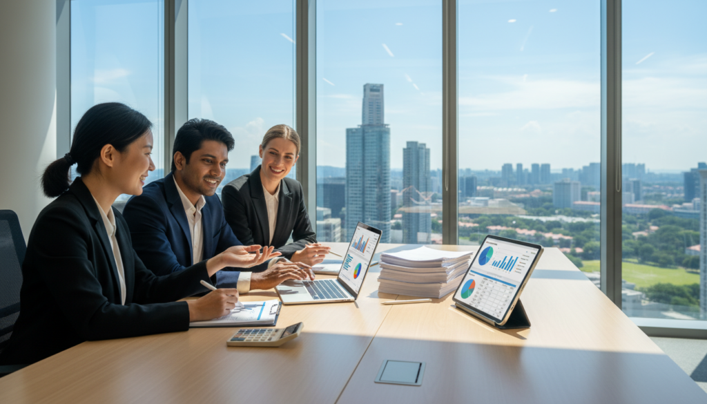 A photorealistic image depicting a modern office environment focused on expense management. In the foreground, a diverse group of three professionals, dressed in smart business attire, is engaged in a collaborative discussion over a laptop displaying financial graphs and expense reports. The middle layer shows a sleek desk with organized financial documents, a digital tablet, and a calculator. In the background, large windows reveal a panoramic view of Singapore’s skyline, with soft natural light streaming in, creating an inspiring atmosphere. The overall mood is focused and productive, emphasizing efficient financial control and cash flow management. Use a wide-angle lens to capture the dynamic workspace.