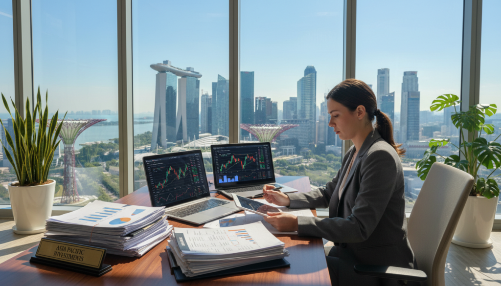 A photorealistic image depicting a modern office environment focused on investment holding assets. In the foreground, a professional businesswoman in a tailored suit is analyzing financial documents and charts on a sleek wooden desk, her expression focused and determined. In the middle ground, open laptop screens display graphs and financial data, symbolizing strategic planning. Beyond, large windows reveal a panoramic view of Singapore's skyline with iconic skyscrapers and a clear blue sky. The room is illuminated by bright, natural light, creating an atmosphere of productivity and ambition. Subtle greenery, such as potted plants, adds a touch of freshness to the corporate setting. Overall, the image embodies the essence of offshore business and investment management. A photorealistic image depicting a modern office environment focused on investment holding assets. In the foreground, a professional businesswoman in a tailored suit is analyzing financial documents and charts on a sleek wooden desk, her expression focused and determined. In the middle ground, open laptop screens display graphs and financial data, symbolizing strategic planning. Beyond, large windows reveal a panoramic view of Singapore's skyline with iconic skyscrapers and a clear blue sky. The room is illuminated by bright, natural light, creating an atmosphere of productivity and ambition. Subtle greenery, such as potted plants, adds a touch of freshness to the corporate setting. Overall, the image embodies the essence of offshore business and investment management.