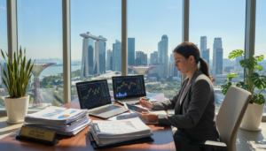 A photorealistic image depicting a modern office environment focused on investment holding assets. In the foreground, a professional businesswoman in a tailored suit is analyzing financial documents and charts on a sleek wooden desk, her expression focused and determined. In the middle ground, open laptop screens display graphs and financial data, symbolizing strategic planning. Beyond, large windows reveal a panoramic view of Singapore's skyline with iconic skyscrapers and a clear blue sky. The room is illuminated by bright, natural light, creating an atmosphere of productivity and ambition. Subtle greenery, such as potted plants, adds a touch of freshness to the corporate setting. Overall, the image embodies the essence of offshore business and investment management.