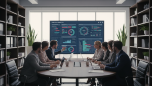 A photorealistic image depicting a modern office environment focused on workforce management and scheduling. In the foreground, a diverse group of professionals in smart business attire is engaged in a collaborative meeting around a sleek conference table, with laptops and digital devices displaying colorful workforce schedule layouts. In the middle ground, a large, glass wall features a digital display board showcasing schedules and task assignments, emphasizing the use of management tools. The background includes bookshelves filled with organizational resources and plants that bring a touch of nature indoors. Soft, natural lighting filters in through large windows, creating a productive and inviting atmosphere, with a focus on teamwork and efficiency. The overall mood is professional, dynamic, and inspiring, ideal for illustrating effective internal communication and management strategies.