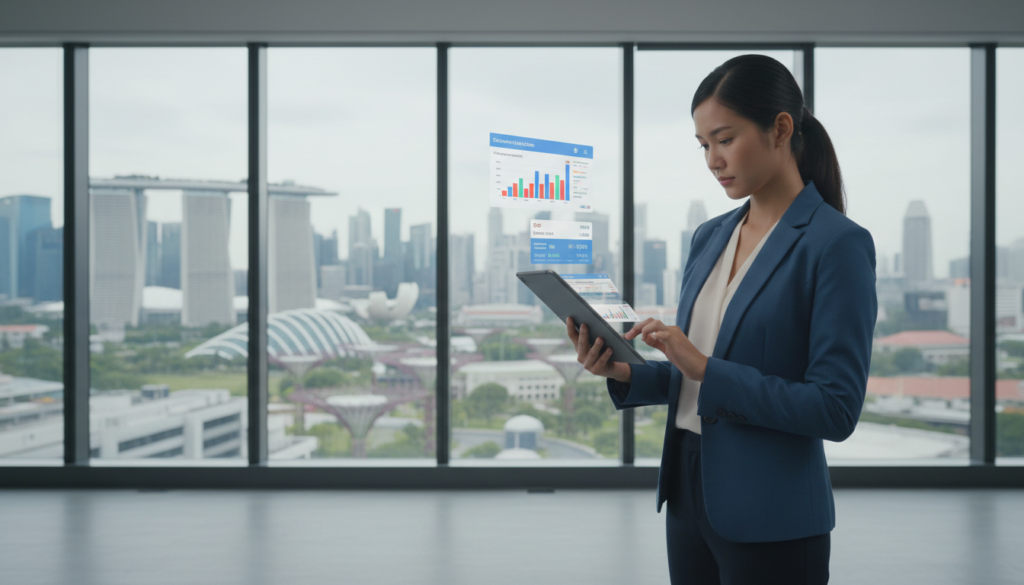 A photorealistic image depicting a modern office setting focused on financial transactions. In the foreground, a sleek digital tablet displaying vibrant graphs and data representing fees and exchange rates, with an attractive user interface showcasing Singapore dollar amounts and currency symbols. In the middle ground, a well-dressed professional, a woman in a smart blazer, analyzes the tablet's information, her face reflecting concentration. In the background, a contemporary office space with large windows revealing Singapore's skyline, filled with iconic buildings like Marina Bay Sands. Soft, natural lighting illuminates the scene, creating a motivating and focused work atmosphere. The overall tone conveys professionalism and clarity in financial management.