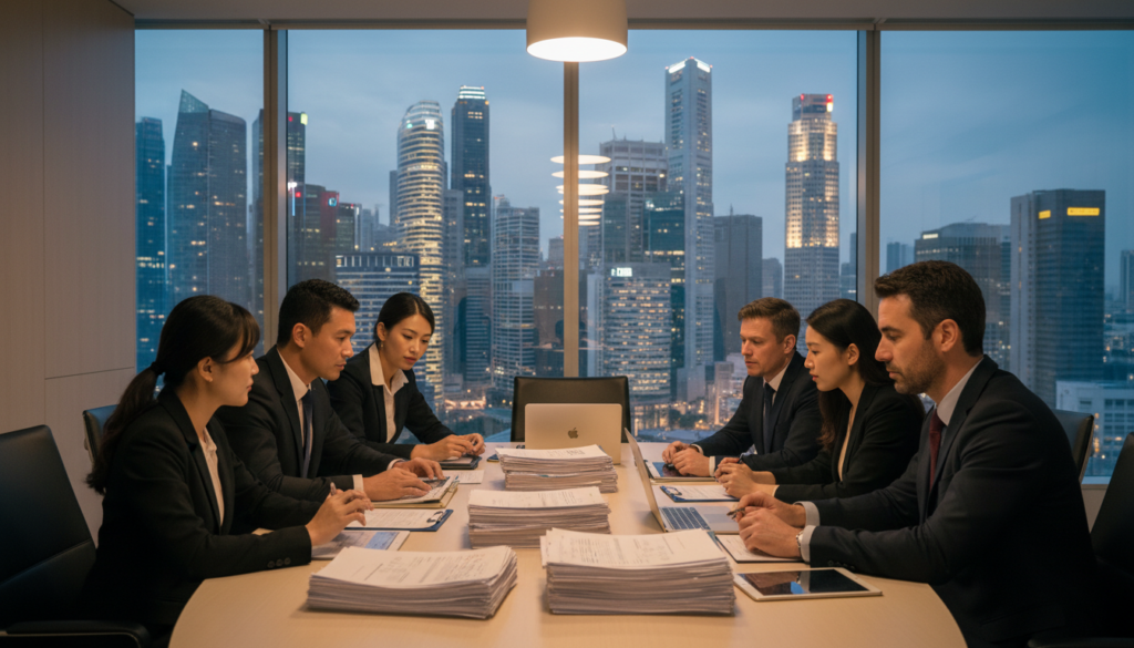 A photorealistic image depicting a professional bank office environment focused on customer due diligence. In the foreground, a diverse group of business professionals in smart attire, including men and women of various ethnicities, are engaged in a discussion around a large table cluttered with documents and digital devices. In the middle ground, a large, sleek glass window illustrates a busy Singapore skyline, symbolizing the banking industry. The atmosphere is serious and analytical, with warm, controlled lighting casting soft shadows, emphasizing the importance of risk-based assessment in the KYC process. The scene captures an air of collaboration and diligence, highlighting the meticulous nature of banking regulations. A photorealistic image depicting a professional bank office environment focused on customer due diligence. In the foreground, a diverse group of business professionals in smart attire, including men and women of various ethnicities, are engaged in a discussion around a large table cluttered with documents and digital devices. In the middle ground, a large, sleek glass window illustrates a busy Singapore skyline, symbolizing the banking industry. The atmosphere is serious and analytical, with warm, controlled lighting casting soft shadows, emphasizing the importance of risk-based assessment in the KYC process. The scene captures an air of collaboration and diligence, highlighting the meticulous nature of banking regulations.