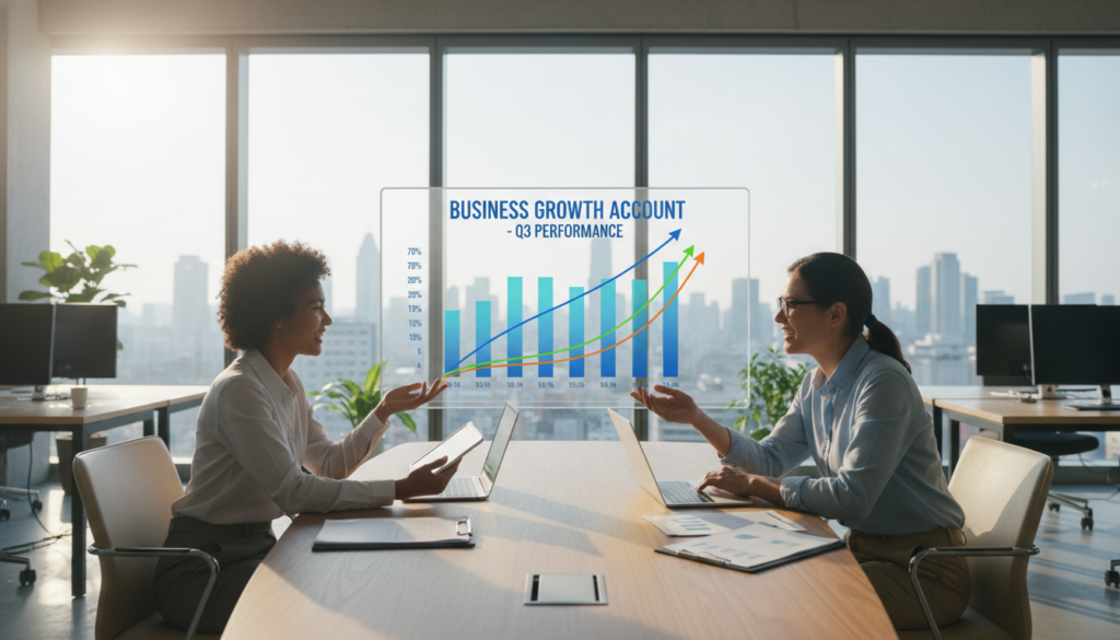 A photorealistic image depicting a professional business setting representing a "Business Growth Account." In the foreground, a diverse group of three business professionals, dressed in smart casual attire, engages in a discussion around a sleek wooden table with digital devices and financial documents spread out. In the middle ground, a large screen displays colorful graphs showing upward trends and financial growth, symbolizing account performance. The background features a modern office environment with large windows bringing in natural light, plants, and an organized workspace. The overall mood is optimistic and collaborative, conveying a sense of progress and opportunity in business finance. The lighting is bright and inviting, ensuring a clear and detailed perspective of the scene.