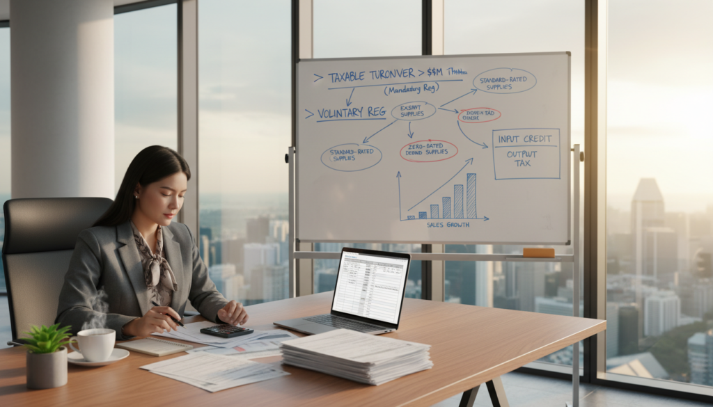 A photorealistic image depicting a professional office environment focused on taxable supplies for GST registration in Singapore. In the foreground, a well-dressed businesswoman analyzes financial documents and tax forms at a sleek desk, with a laptop open displaying spreadsheets. In the middle ground, a large whiteboard is filled with charts and diagrams illustrating the concept of taxable turnover, with highlighted key points. The background features tall glass windows revealing Singapore's skyline, bathed in soft, natural daylight, creating an uplifting and focused atmosphere. The camera angle is slightly above eye level, capturing the workspace's professionalism and clarity while emphasizing the importance of accurate financial assessment.