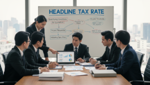 A photorealistic image depicting a professional setting showcasing the concept of "headline tax rate." In the foreground, a diverse group of business professionals, dressed in formal attire, are engaged in a discussion around a large wooden conference table covered with financial documents and a laptop displaying tax-related graphs. In the middle ground, a large whiteboard features colorful charts and notes, illustrating qualifying conditions for tax exemption. The background shows a modern office with windows revealing a city skyline bathed in natural daylight, creating a bright and optimistic atmosphere. The lens captures the scene with a slight depth of field, focusing on the professionals while gently blurring the background to emphasize their serious discussion. The overall mood is one of collaboration and diligence, reflecting the importance of understanding tax regulations.