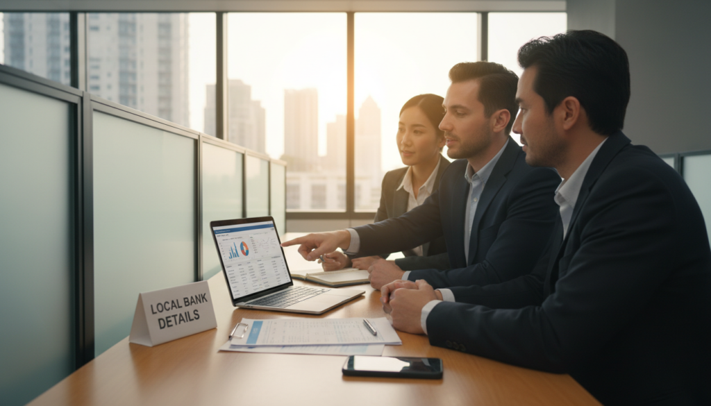 A photorealistic image depicting a professional setting that communicates the concept of "local bank details." In the foreground, a neatly organized desk featuring an open laptop displaying a financial dashboard, along with various bank documents and a smartphone. In the middle ground, a diverse group of business professionals in formal attire are engaged in discussion, with one person pointing at the laptop screen. Natural light filters through a window, creating a warm, inviting atmosphere. In the background, a modern office environment is visible, characterized by glass partitions and a soft-focus view of a city skyline through the window. The overall mood is collaborative and focused, highlighting the importance of local banking in business operations.