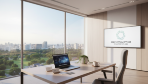 A photorealistic image depicting a sleek modern office space representing "virtual office Singapore non CBD address options." In the foreground, a stylish wooden desk with a laptop, scattered business cards, and a potted plant. The middle features a large window revealing an urban skyline with greenery in the vicinity, symbolizing a peaceful yet professional environment. Soft natural light floods the room, highlighting a minimalist decor theme. The background includes subtle touches of technology like a virtual meeting setup, with a large digital screen displaying a serene logo related to virtual offices. The mood is calm and productive, ideal for modern businesses seeking alternative addresses outside the bustling CBD.