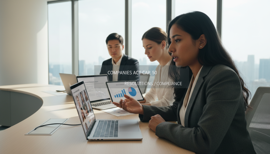 A photorealistic image depicting a virtual Annual General Meeting (AGM) in Singapore, showcasing a group of professional-looking individuals participating via laptops in a modern office setting. In the foreground, a woman in business attire is speaking animatedly into a webcam. In the middle ground, two diverse colleagues are engaged in a discussion, with digital devices displaying graphs and charts, symbolizing the Companies Act regulations. The background features a sleek and minimalistic office space with a large window, allowing natural light to illuminate the scene. The atmosphere is collaborative and focused, with a sense of professionalism and innovation, capturing the essence of virtual meetings.