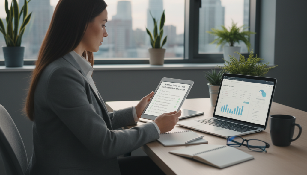 A photorealistic image depicting an implementation checklist for data access in a remote business environment. In the foreground, a professional woman in business attire is reviewing a digital tablet, showcasing a visible checklist interface filled with items related to data access and security protocols. In the middle ground, an organized desk features a laptop open to a cloud accounting software interface, alongside scattered notes and a cup of coffee. The background reflects a modern office with soft lighting, large windows offering a view of a city skyline, and green plants adding a touch of nature. The mood is focused and productive, emphasizing efficiency and data protection in a remote business setting.