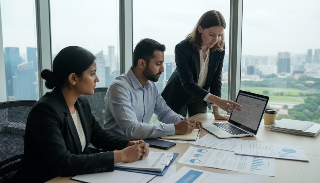 A photorealistic image depicting an office setting with a diverse group of three professionals engaged in a discussion about compliance obligations. In the foreground, one individual, a South Asian woman in a tailored business suit, is analyzing documents on a laptop. To her right, a Middle-Eastern man in a crisp shirt is taking notes, while a Caucasian woman in smart casual attire is pointing at a compliance checklist displayed on the laptop screen. The middle ground features a stylish conference table adorned with compliance-related documents and a coffee cup. In the background, large windows allow natural light to flood the room, highlighting a cityscape view of Singapore. The atmosphere conveys focus and professionalism, with attention to detail in the clothing and office decor.