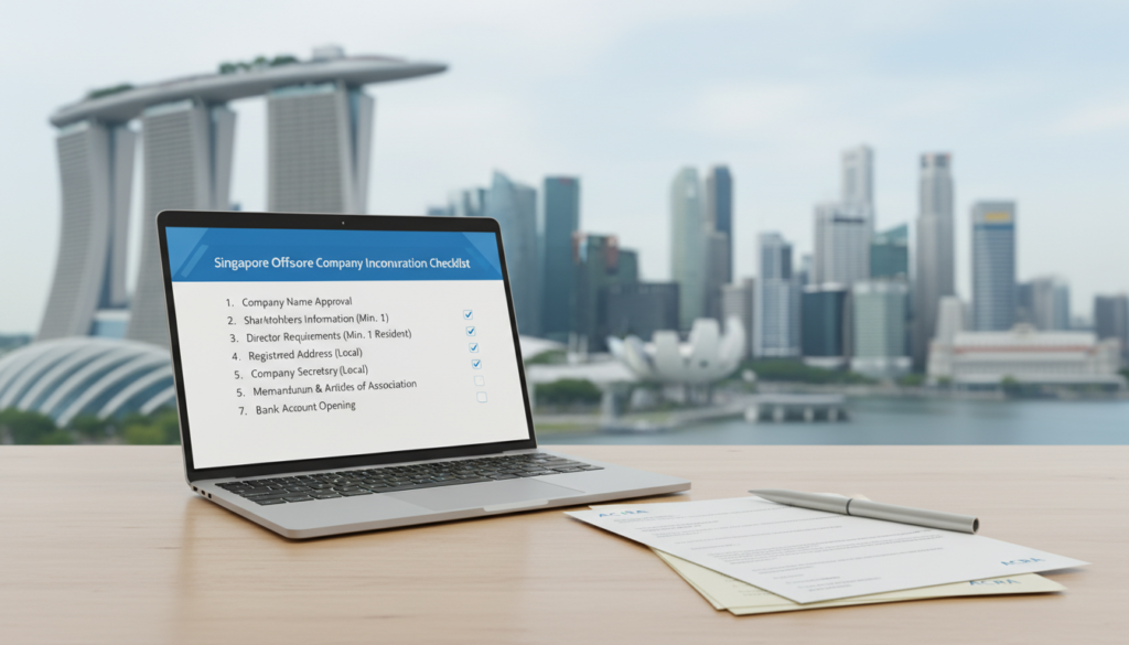 A photorealistic image depicting an organized offshore company incorporation checklist related to Singapore. In the foreground, a sleek, modern desk with an open laptop displaying a checklist document featuring items like "Company Name," "Shareholders Information," "Director Requirements," and "Registered Address," all neatly arranged. Beside the laptop, a stylish pen and a small stack of printed forms add realism. In the middle, a subtle reflection suggests a sense of professionalism, while a soft, focused light illuminates the materials, creating a clean and inviting atmosphere. The background features a softly blurred image of a Singapore city skyline, hinting at the location's dynamic business environment. The mood is optimistic and focused, ideal for readers preparing to incorporate an offshore company.