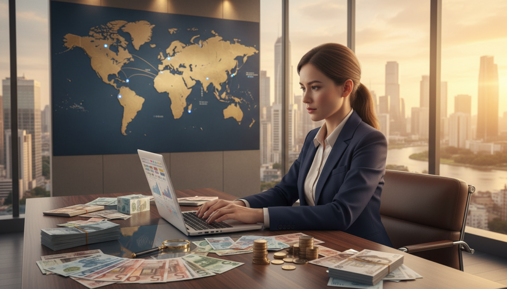 A photorealistic image depicting international transfers and currencies, showcasing a stylish office setting. In the foreground, a professional-looking businesswoman in smart attire is analyzing multi-currency exchange rates on a laptop. Surrounding her, a visually appealing array of currency notes and coins from different countries. In the middle ground, a world map with key financial hubs highlighted subtly. The background features a large window with a city skyline, symbolizing global business connectivity. Soft, warm lighting enhances the professional atmosphere, emphasizing clarity and focus. The overall mood is dynamic and optimistic, reflecting the growth potential for companies engaging in international transactions. A photorealistic image depicting international transfers and currencies, showcasing a stylish office setting. In the foreground, a professional-looking businesswoman in smart attire is analyzing multi-currency exchange rates on a laptop. Surrounding her, a visually appealing array of currency notes and coins from different countries. In the middle ground, a world map with key financial hubs highlighted subtly. The background features a large window with a city skyline, symbolizing global business connectivity. Soft, warm lighting enhances the professional atmosphere, emphasizing clarity and focus. The overall mood is dynamic and optimistic, reflecting the growth potential for companies engaging in international transactions.