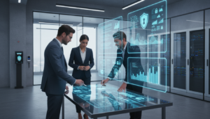 A photorealistic image depicting technology data security in a corporate setting. In the foreground, a diverse group of three professionals in smart business attire, two men and one woman, collaboratively analyzing data on sleek digital devices. The middle layer features large, transparent screens displaying graphs, data streams, and cybersecurity icons, illuminated with a soft blue glow. In the background, a modern office environment with glass walls reflects a sense of innovation, featuring high-tech security features like biometric scanners and servers. The lighting is bright and focused, creating a clean and professional atmosphere that conveys trust and safety in data management. Capture a sense of collaboration and advanced technology seamlessly integrated into the workspace.
