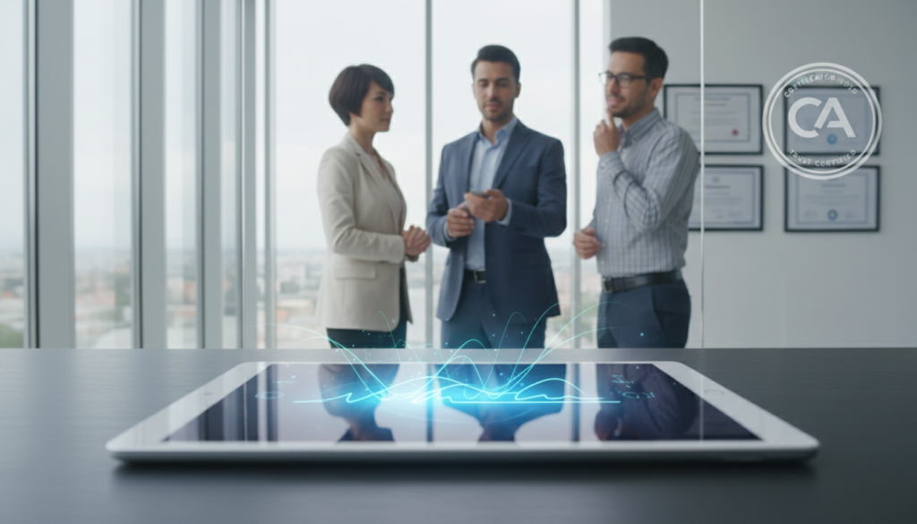 A photorealistic image depicting the concept of digital signatures in a modern business environment. In the foreground, a sleek digital tablet displays an electronic signature interface with animated signature strokes. In the middle ground, a diverse group of professionals in smart business attire—two men and one woman—are engaged in a discussion, pointing at the tablet. The background features a modern office setting with large windows allowing natural light to flow in, casting soft shadows. Include elements like digital certificates on the wall and a small certification authority logo subtly reflected on a glass surface. The overall mood should convey professionalism and trust, showcasing the importance of digital signatures in contemporary business practices.
