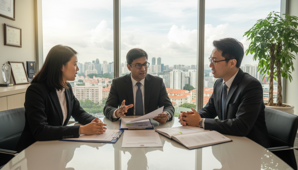 A photorealistic image depicting the concept of "director eligibility" under the Singapore Companies Act. In the foreground, a diverse group of three professionals in business attire—two men and one woman—are actively discussing documents at a sleek conference table, showcasing various business-related papers like a company constitution and eligibility criteria. The middle background features a large window revealing a modern Singapore skyline, adding an urban feel. Soft, natural light streams into the room, creating an inviting atmosphere. The walls are adorned with framed accolades and a potted plant adding a touch of greenery. The angle is slightly elevated, capturing both the professionals' engagement and the vibrant office environment, conveying a sense of professionalism and collaboration. A photorealistic image depicting the concept of "director eligibility" under the Singapore Companies Act. In the foreground, a diverse group of three professionals in business attire—two men and one woman—are actively discussing documents at a sleek conference table, showcasing various business-related papers like a company constitution and eligibility criteria. The middle background features a large window revealing a modern Singapore skyline, adding an urban feel. Soft, natural light streams into the room, creating an inviting atmosphere. The walls are adorned with framed accolades and a potted plant adding a touch of greenery. The angle is slightly elevated, capturing both the professionals' engagement and the vibrant office environment, conveying a sense of professionalism and collaboration.