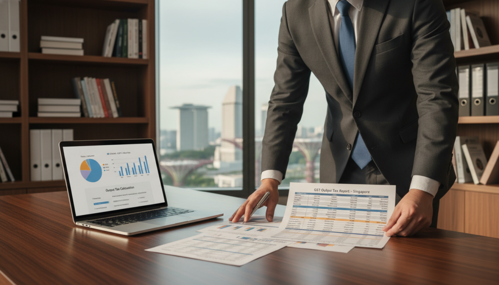 A photorealistic image depicting the concept of "output tax" in the context of GST in Singapore. Foreground: a well-dressed professional, wearing a tailored suit, examining a detailed tax report on a sleek, modern desk. Middle: a laptop displaying a pie chart and graphs that illustrate output tax calculations. Background: a blurred office setting with tax-related books on shelves and a large window showing the Singapore skyline, bathed in soft, natural light. The overall atmosphere is productive and focused, conveying the seriousness of tax calculations and financial accuracy. The angle is slightly tilted from above, providing a clear view of the report and charts while maintaining professionalism.