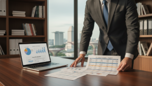 A photorealistic image depicting the concept of "output tax" in the context of GST in Singapore. Foreground: a well-dressed professional, wearing a tailored suit, examining a detailed tax report on a sleek, modern desk. Middle: a laptop displaying a pie chart and graphs that illustrate output tax calculations. Background: a blurred office setting with tax-related books on shelves and a large window showing the Singapore skyline, bathed in soft, natural light. The overall atmosphere is productive and focused, conveying the seriousness of tax calculations and financial accuracy. The angle is slightly tilted from above, providing a clear view of the report and charts while maintaining professionalism.