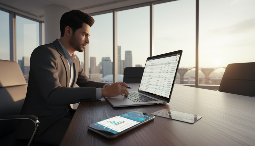 A photorealistic image depicting the concept of payments and transactions, with a focus on Singapore's currency (SGD). In the foreground, a modern smartphone displaying a digital banking app with SGD transactions in vibrant colors. To the side, a credit card lies flat, symbolizing various payment options. The middle ground features a professional-looking business person in smart attire, reviewing a financial report on a laptop, with a clear focus on transaction management. In the background, a sleek urban office setting with large windows showing a bustling Singapore skyline, vibrant light streaming in. The atmosphere is dynamic and professional, emphasizing efficiency and digital innovation in financial management. Soft, natural lighting enhances the modern office vibe, creating a sense of trust and reliability.