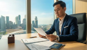 A photorealistic image depicting the key requirements for company registration in Singapore. In the foreground, a neatly arranged desk featuring documents such as forms, identification, and a pen, symbolizing the registration process. In the middle, a confident professional dressed in formal business attire reviews these documents, their expression focused and determined. In the background, a window reveals the iconic skyline of Singapore with modern skyscrapers under a bright, clear blue sky, enhancing the atmosphere of opportunity and ambition. Soft, natural lighting streams in, casting a warm glow over the scene, conveying an inviting and professional mood. The composition emphasizes clarity and professionalism, aligning with the theme of business setup.