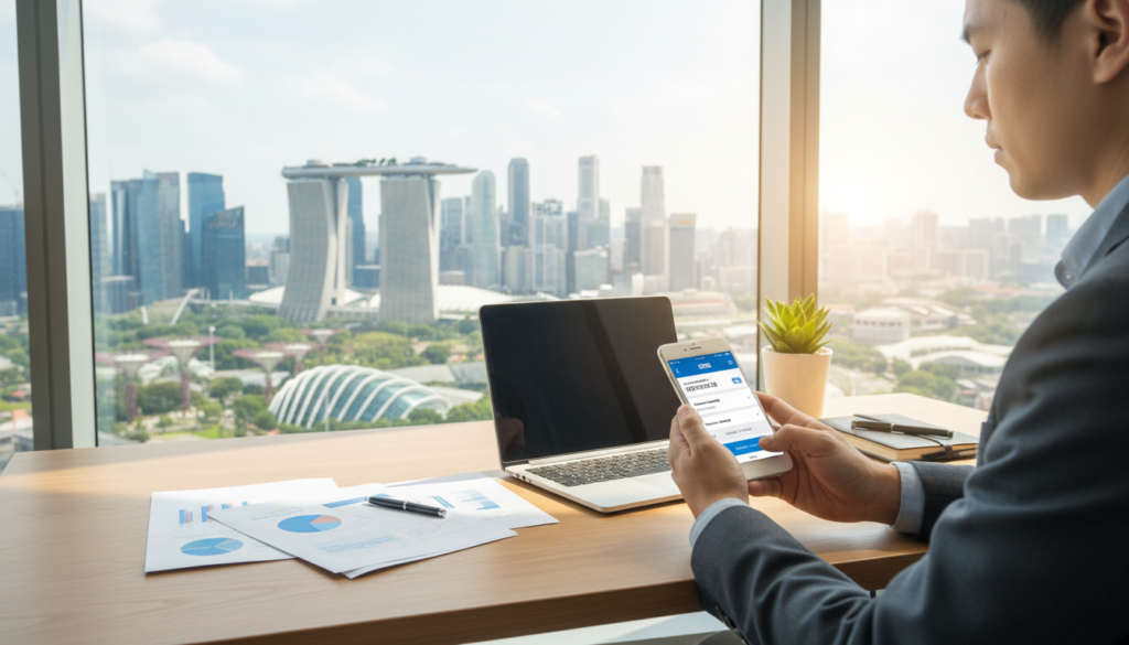 A photorealistic image illustrating a DBS business account in a modern office environment in Singapore. In the foreground, display a sleek smartphone with the DBS mobile banking app open, showing a clear, user-friendly interface. Place a business professional, dressed in smart attire, interacting with the phone, exuding focus and intent. The middle ground features a stylish office desk with a laptop, financial documents, and a small indoor plant, enhancing the professional atmosphere. In the background, large windows reveal a panoramic view of Singapore’s iconic skyline under bright, natural lighting, creating an energetic and optimistic mood. The angle should be slightly elevated, capturing both the subject and the outside view, emphasizing the fusion of technology and business in contemporary banking.