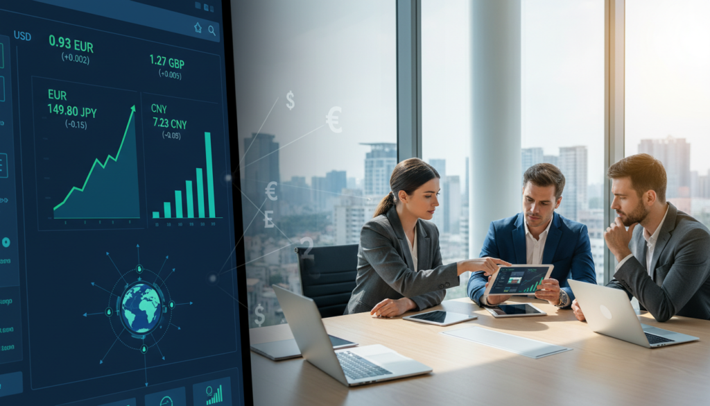 A photorealistic image illustrating international payment rates, featuring a split-screen design. In the foreground, a digital bank interface showcasing dynamic currency exchange rates, with clear graphs and charts displaying real-time data. On the middle layer, business professionals in smart attire are engaged in collaborative discussions around digital devices, their expressions focused and analytical. The background depicts a modern office environment with large windows allowing natural light to flood in, emphasizing transparency. Subtle visual elements representing global financial networks, such as interconnected lines or abstract currency symbols, weave through the scene. The overall mood should convey efficiency, clarity, and innovation in financial technology solutions, highlighting the benefits of digital banking.