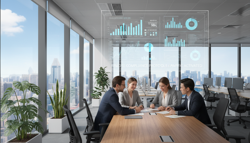 A photorealistic image illustrating regulatory compliance in a modern Singaporean office environment. In the foreground, a diverse group of four professionals—two males and two females—are engaged in a collaborative discussion around a large conference table. They are all dressed in smart business attire, exuding a serious yet optimistic atmosphere. In the middle background, a large digital screen displays intricate charts and graphs representing compliance metrics and regulatory guidelines. The office features large windows that allow natural light to flood the space, creating a vibrant and focused ambiance. Potted plants and modern ergonomic furniture add a touch of warmth to the high-tech setting. The scene conveys a sense of diligence, teamwork, and the importance of navigating the complexities of remote compliance management. A photorealistic image illustrating regulatory compliance in a modern Singaporean office environment. In the foreground, a diverse group of four professionals—two males and two females—are engaged in a collaborative discussion around a large conference table. They are all dressed in smart business attire, exuding a serious yet optimistic atmosphere. In the middle background, a large digital screen displays intricate charts and graphs representing compliance metrics and regulatory guidelines. The office features large windows that allow natural light to flood the space, creating a vibrant and focused ambiance. Potted plants and modern ergonomic furniture add a touch of warmth to the high-tech setting. The scene conveys a sense of diligence, teamwork, and the importance of navigating the complexities of remote compliance management.