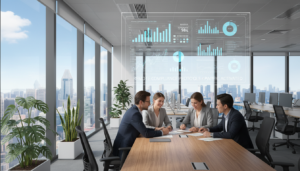 A photorealistic image illustrating regulatory compliance in a modern Singaporean office environment. In the foreground, a diverse group of four professionals—two males and two females—are engaged in a collaborative discussion around a large conference table. They are all dressed in smart business attire, exuding a serious yet optimistic atmosphere. In the middle background, a large digital screen displays intricate charts and graphs representing compliance metrics and regulatory guidelines. The office features large windows that allow natural light to flood the space, creating a vibrant and focused ambiance. Potted plants and modern ergonomic furniture add a touch of warmth to the high-tech setting. The scene conveys a sense of diligence, teamwork, and the importance of navigating the complexities of remote compliance management.