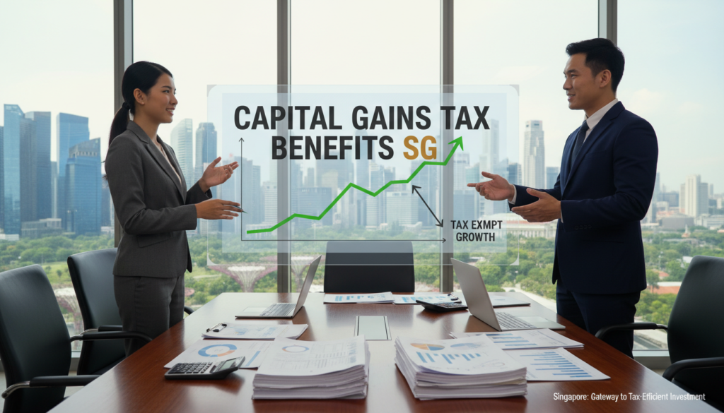 A photorealistic image illustrating the concept of capital gains tax in Singapore. In the foreground, a well-dressed businesswoman and businessman in professional attire (suits) stand at a sleek, modern conference table filled with financial documents, calculators, and laptops. In the middle ground, a large screen displays a graph showing rising profits, with clear indicators of capital gains tax benefits overlaying positive financial growth. The background captures a view of Singapore's iconic skyline, with tall skyscrapers and greenery, emphasizing the business-friendly environment. Soft, natural lighting illuminates the scene, creating a warm and optimistic atmosphere. The image should have a depth of field effect, focusing on the professionals while the background remains slightly blurred, enhancing the focus on the discussion about tax advantages in Singapore. A photorealistic image illustrating the concept of capital gains tax in Singapore. In the foreground, a well-dressed businesswoman and businessman in professional attire (suits) stand at a sleek, modern conference table filled with financial documents, calculators, and laptops. In the middle ground, a large screen displays a graph showing rising profits, with clear indicators of capital gains tax benefits overlaying positive financial growth. The background captures a view of Singapore's iconic skyline, with tall skyscrapers and greenery, emphasizing the business-friendly environment. Soft, natural lighting illuminates the scene, creating a warm and optimistic atmosphere. The image should have a depth of field effect, focusing on the professionals while the background remains slightly blurred, enhancing the focus on the discussion about tax advantages in Singapore.