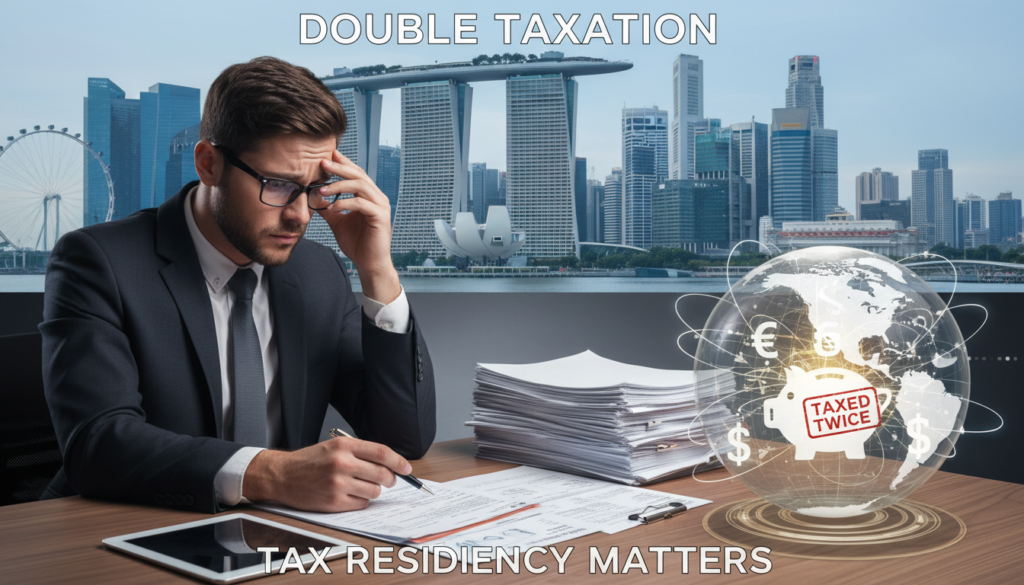 A photorealistic image illustrating the concept of double taxation, featuring a split scene. In the foreground, a professional business person in smart attire, analyzing tax documents on a desk, looking concerned. In the middle ground, a large globe displaying interconnected financial symbols representing different countries, with arrows indicating flow of taxes. In the background, a city skyline of Singapore, featuring the iconic Marina Bay Sands and other recognizable structures, under soft, natural daylight. The atmosphere conveys a sense of complexity and urgency, highlighting the importance of tax residency in mitigating financial burdens. The lighting is balanced, emphasizing both the individual and the global context.