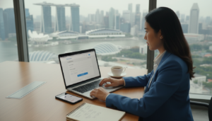 A photorealistic image of a Singaporean professional setting up an Airwallex business account on a laptop at a modern office desk. In the foreground, the professional, dressed in smart business attire, is focused on the screen, with fingers poised over the keyboard. The middle ground features a sleek desk with a smartphone displaying the Airwallex app, a notepad with handwritten notes, and a cup of coffee, indicating a productive atmosphere. In the background, large windows reveal a view of Singapore’s skyline, bathed in soft natural light, creating an inspiring and serene ambiance. The scene conveys a sense of efficiency, professionalism, and modernity, essential for illustrating the setup process of the Airwallex account.