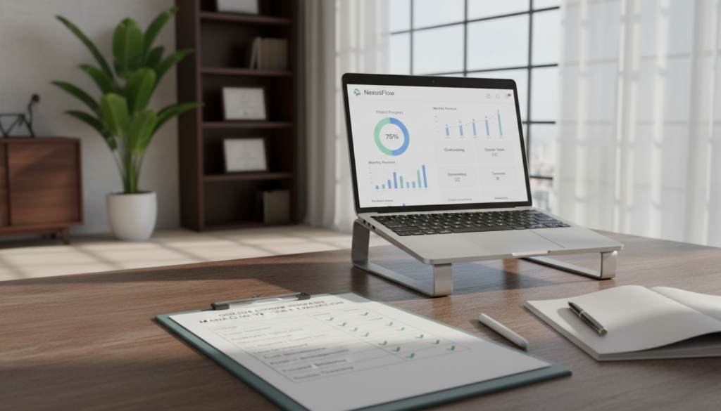 A photorealistic image of a comparison checklist featuring key features to evaluate online company management tools. In the foreground, a wooden desk displays a clipboard with a neatly organized checklist, ticked boxes representing various features such as "User Interface," "Integration Options," and "Customer Support." In the middle, a laptop is open, showcasing a user-friendly dashboard of a management tool, with clear graphs and statistics displayed on the screen. The background features a soft-focus office environment with modern furnishings, including plants and bookshelves, creating a professional atmosphere. Soft, natural lighting filters through a window, casting gentle shadows and enhancing the mood of productivity and efficiency. The image is designed to evoke clarity and focus, suitable for comparing business tools. A photorealistic image of a comparison checklist featuring key features to evaluate online company management tools. In the foreground, a wooden desk displays a clipboard with a neatly organized checklist, ticked boxes representing various features such as "User Interface," "Integration Options," and "Customer Support." In the middle, a laptop is open, showcasing a user-friendly dashboard of a management tool, with clear graphs and statistics displayed on the screen. The background features a soft-focus office environment with modern furnishings, including plants and bookshelves, creating a professional atmosphere. Soft, natural lighting filters through a window, casting gentle shadows and enhancing the mood of productivity and efficiency. The image is designed to evoke clarity and focus, suitable for comparing business tools.