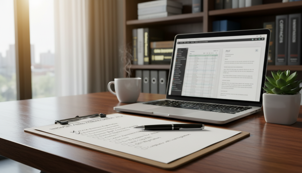 A photorealistic image of a documents checklist laid out on a sleek wooden desk. In the foreground, a clipboard with a neatly organized checklist containing items specific to foreign founders and foreign-owned companies in Singapore. Next to the checklist, a pen and a small plant add a touch of greenery. In the middle, an open laptop displays relevant documents and a coffee cup. The background features blurred shelves with business books and legal binders, creating a professional and organized atmosphere. Soft, natural lighting streams through a nearby window, highlighting the textures of the desk and the papers. The mood is focused and productive, perfect for a business setting. A photorealistic image of a documents checklist laid out on a sleek wooden desk. In the foreground, a clipboard with a neatly organized checklist containing items specific to foreign founders and foreign-owned companies in Singapore. Next to the checklist, a pen and a small plant add a touch of greenery. In the middle, an open laptop displays relevant documents and a coffee cup. The background features blurred shelves with business books and legal binders, creating a professional and organized atmosphere. Soft, natural lighting streams through a nearby window, highlighting the textures of the desk and the papers. The mood is focused and productive, perfect for a business setting.