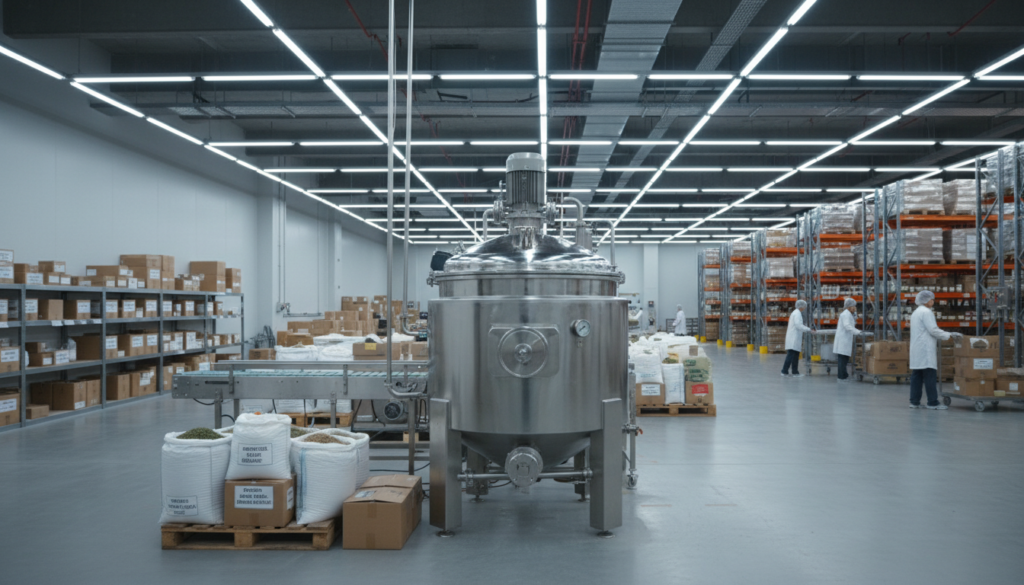 A photorealistic image of a large industrial vat used for mixing and processing goods, situated prominently in the foreground. The vat is silver and metallic, reflecting light from overhead fluorescent fixtures, which create a bright and sterile atmosphere. In the middle ground, various ingredients and labels indicating imported goods can be seen, hinting at the nature of business operations. The background features a warehouse-like environment, complete with shelves of packaged products and a clean, organized workspace. The lighting is bright but even, casting soft shadows that evoke a sense of efficiency. Overall, the mood conveys professionalism and the importance of regulations in texture and composition, suited for a business context without any distractions or overt details. A photorealistic image of a large industrial vat used for mixing and processing goods, situated prominently in the foreground. The vat is silver and metallic, reflecting light from overhead fluorescent fixtures, which create a bright and sterile atmosphere. In the middle ground, various ingredients and labels indicating imported goods can be seen, hinting at the nature of business operations. The background features a warehouse-like environment, complete with shelves of packaged products and a clean, organized workspace. The lighting is bright but even, casting soft shadows that evoke a sense of efficiency. Overall, the mood conveys professionalism and the importance of regulations in texture and composition, suited for a business context without any distractions or overt details.
