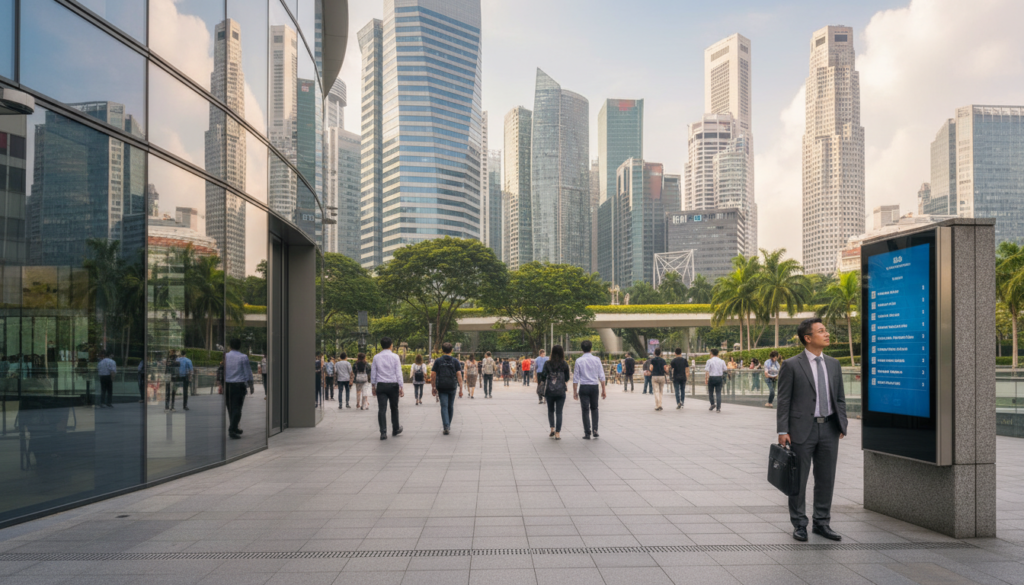 A photorealistic image of a modern business address in the Central Business District of Singapore. In the foreground, showcase a sleek, glass office building with a polished entrance, reflecting the city's skyline. Include a well-dressed professional, a diverse middle-aged Asian man in a tailored suit, standing beside a digital directory displaying office names. The middle ground features bustling pedestrians and commuters in business attire, illustrating a vibrant corporate atmosphere. In the background, capture iconic skyscrapers and lush greenery, blending urban sophistication with nature. Use natural daylight to create a bright and welcoming mood, highlighting the professionalism associated with a registered business address. The angle should be slightly elevated, providing a dynamic perspective of the scene.