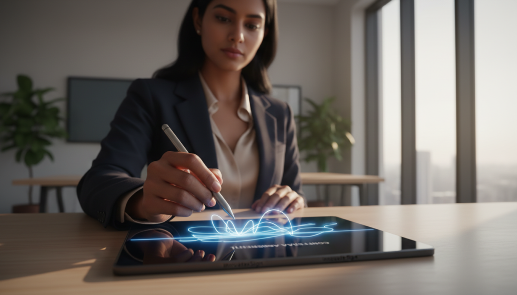 A photorealistic image of a modern electronic signature on a sleek, digital tablet. In the foreground, the tablet displays a luminous signature being created with a stylus, showcasing intricate lines and curves. The middle ground features a well-dressed business professional, a South Asian woman, wearing a smart blazer and focused intently on the tablet, highlighting the importance of digital signatures in business. The background is a softly blurred contemporary office environment, with warm, natural lighting filtering through a large window, casting gentle shadows. The overall mood is one of professionalism and innovation, emphasizing the legitimacy and trust associated with electronic signatures in a business context. The angle is slightly elevated, providing a clear view of the signature creation process.