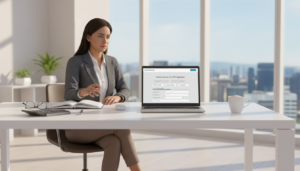 A photorealistic image of a modern office workspace, showcasing a professional woman in business attire, sitting at a sleek desk with a laptop open to the IRAS myTax Portal GST registration page. In the foreground, close-up details include the laptop screen displaying an intuitive interface with registration steps visible. The middle ground features office essentials like a notepad, a calculator, and a cup of coffee, adding warmth. In the background, large windows allow natural light to stream in, illuminating the space and creating a bright, motivating atmosphere. Soft shadows and a neutral color palette enhance professionalism, evoking a sense of focus and productivity.