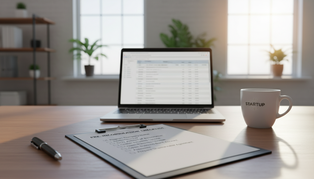 A photorealistic image of a neatly arranged documents checklist on a wooden desk. In the foreground, focus on a clipboard with a crisp, white checklist paper, prominently featuring checkboxes and simple bullet points related to essential pre-incorporation tasks. Beside the clipboard, include a stylish black pen and a coffee cup to convey a professional workspace. In the middle ground, add a laptop with an open window displaying a spreadsheet, symbolizing business preparations. The background should feature a softly blurred office environment with natural light streaming through a window, creating a warm and inviting atmosphere. The overall mood should be one of productivity and organization, ideal for conveying a sense of readiness for incorporation.